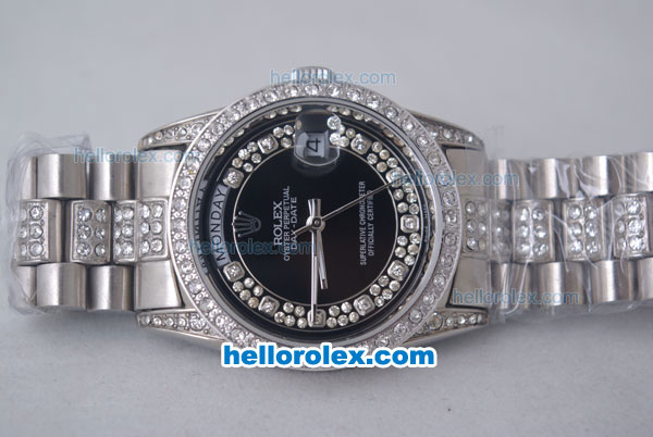 Rolex Day-Date Oyster Perpetual Automatic Full Diamond with Black Dial-Big Calendar - Click Image to Close